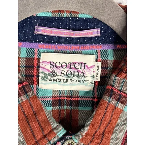 SCOTCH AND SODA AMSTERDAM Men's Burnt Orange Turquoise Plaid Button Down Large - Picture 3 of 6